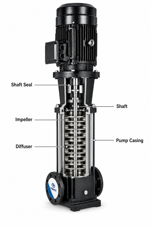 Main components of a vertical multistage pump.(1)