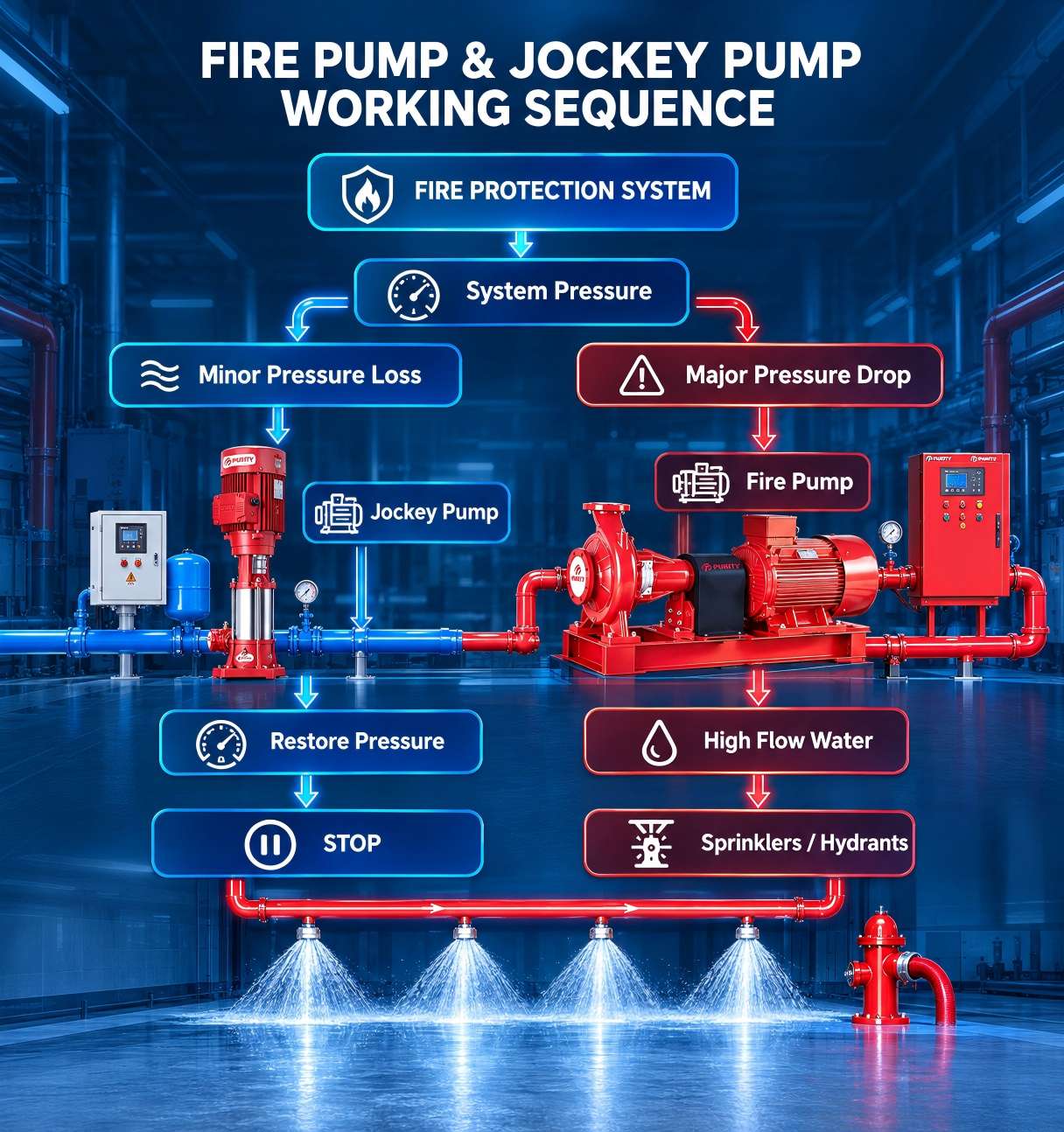 fire pump vs jockey pump working seqence